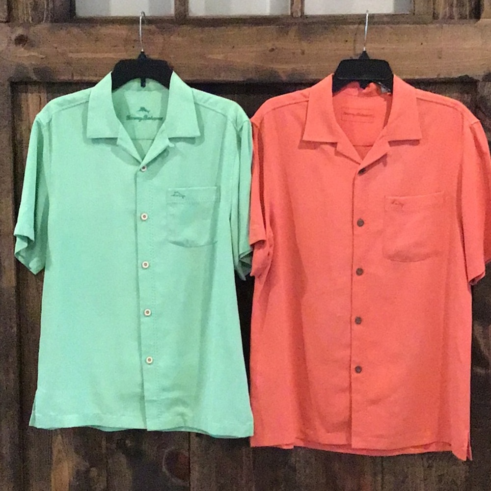 SOLD!! Lot of two men’s silk blend Tommy Bahama camp shirts.  Size small